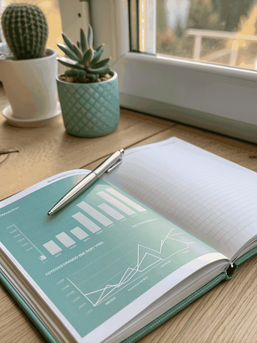Close up of a workspace with a notebook and digital tablet showing growth metrics
