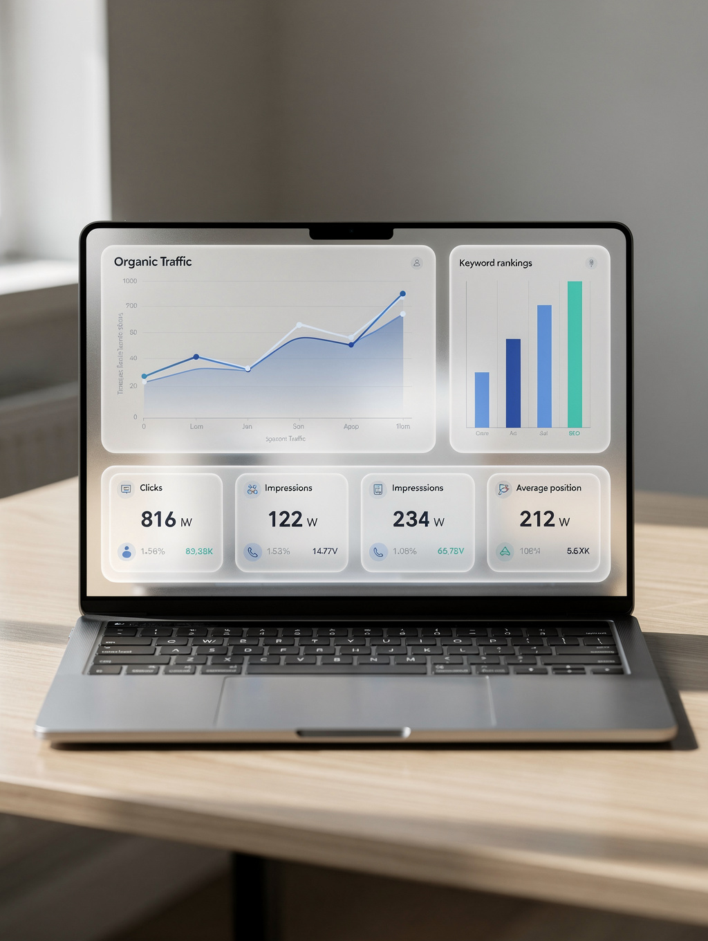 A modern digital marketing dashboard showing rising search engine ranking graphs