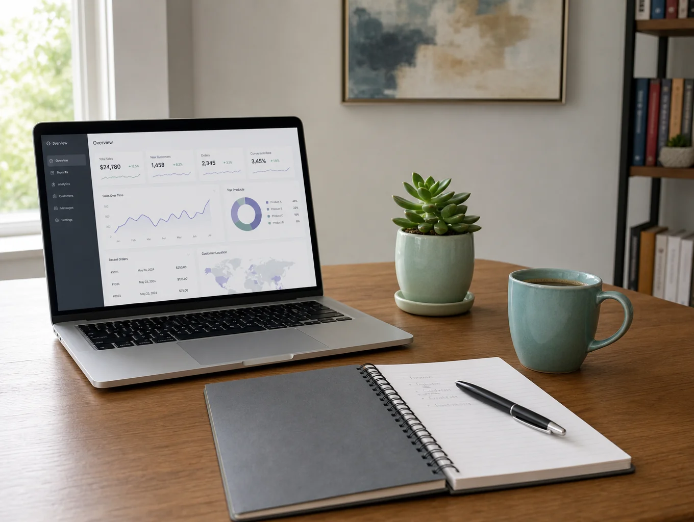 A professional workspace showing strategic planning and growth charts