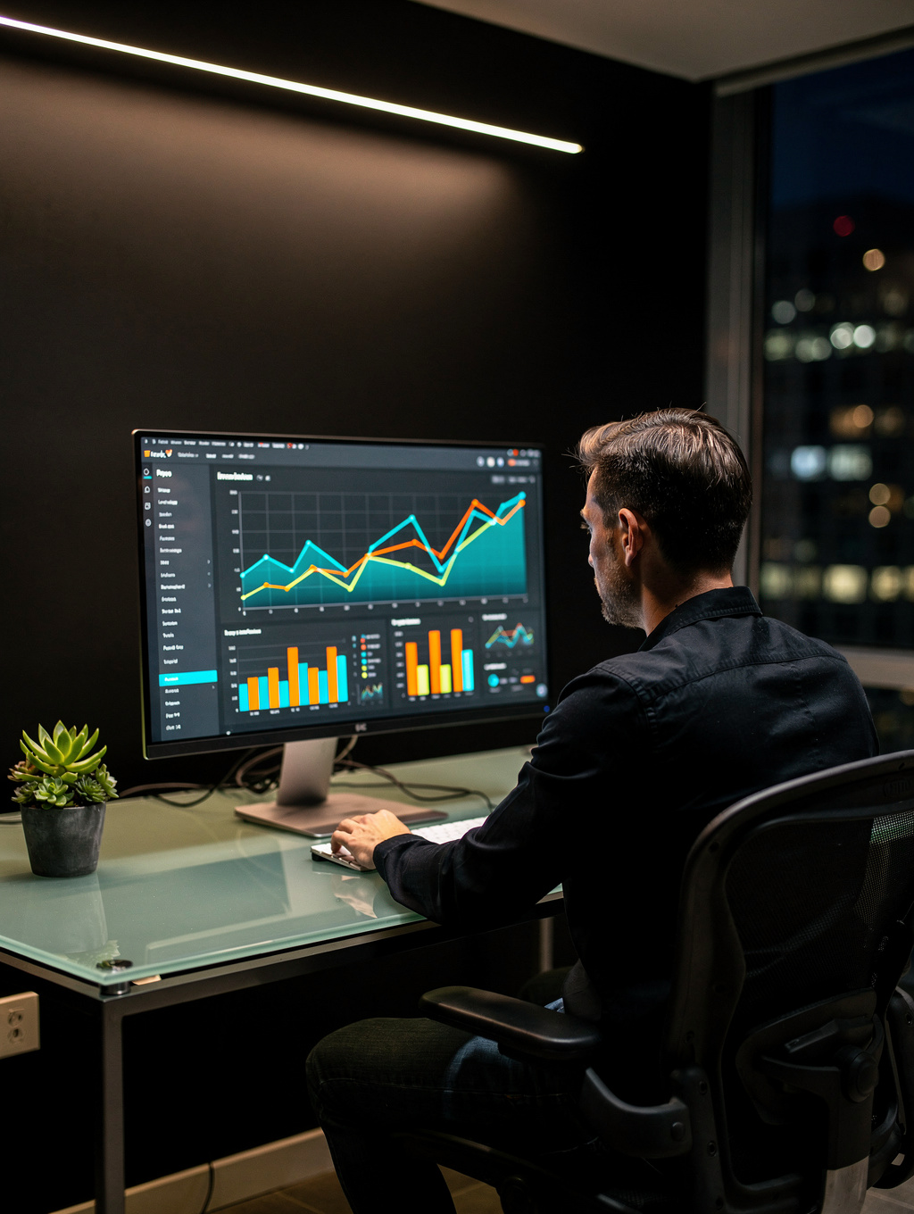 Digital marketing professional analyzing data charts on a screen