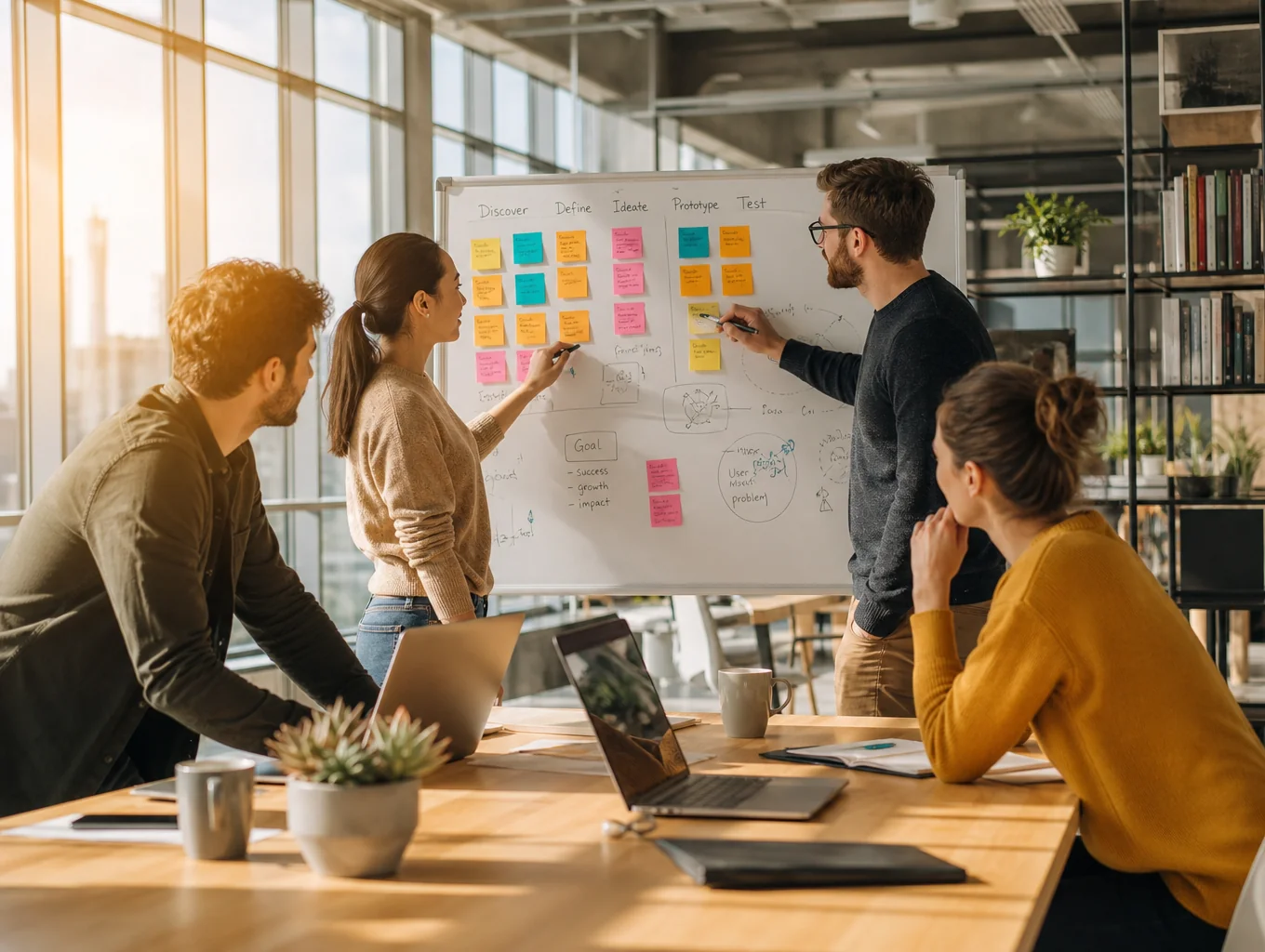 Digital marketing team planning content strategy on a whiteboard