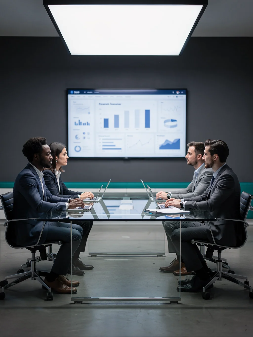 A professional marketing team analyzing search engine data on a large screen