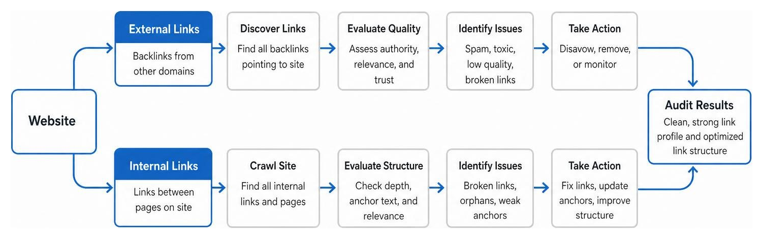 Link audit data flow showing internal and external link evaluation