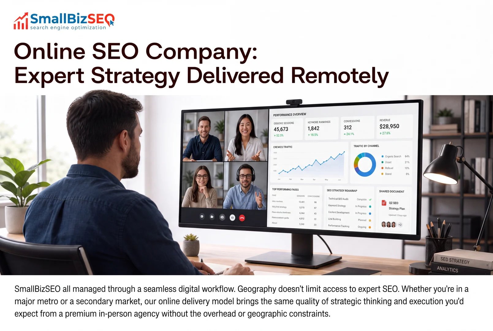 Photorealistic agency director reviewing client SEO dashboards