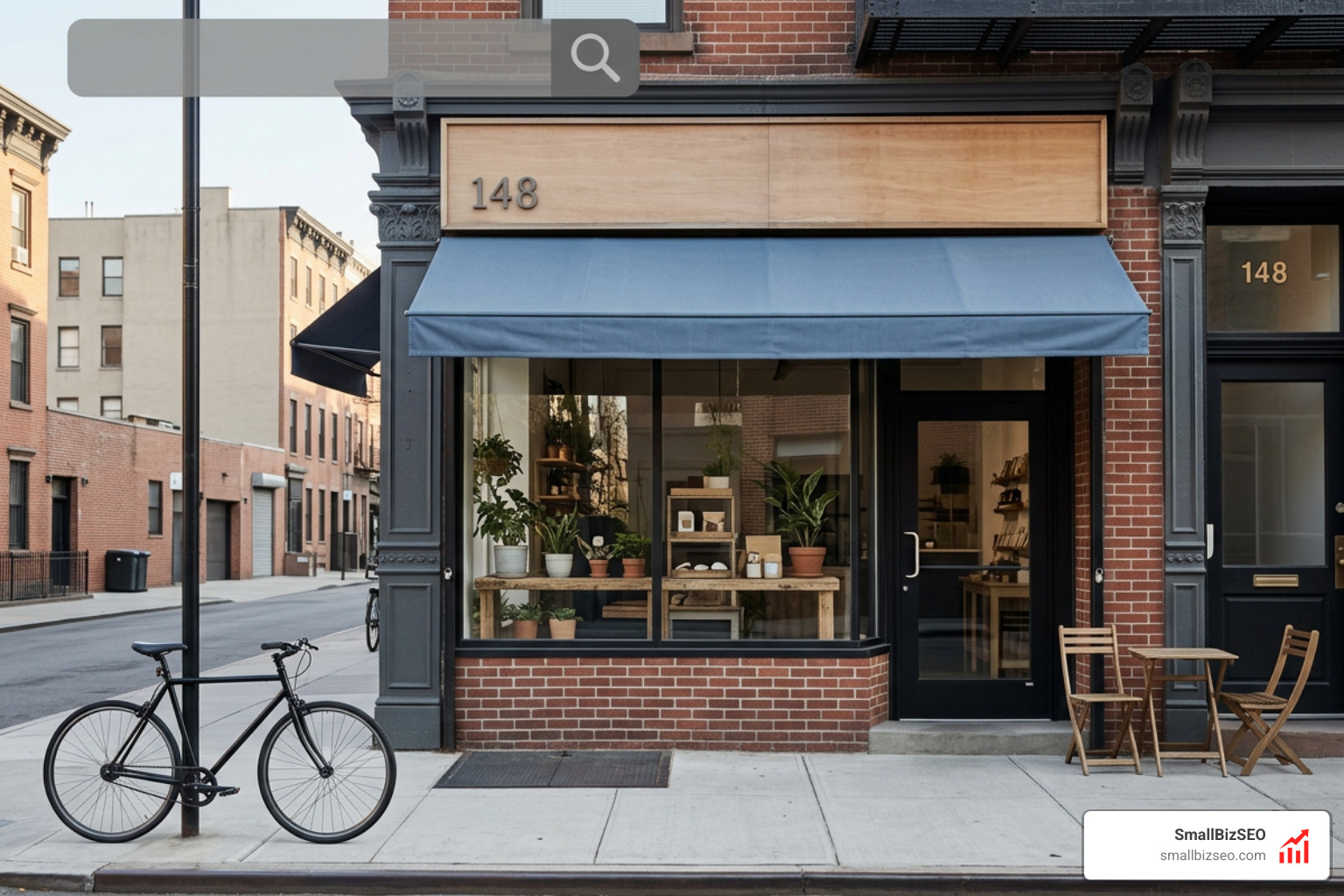 New York small business storefront with digital search overlay