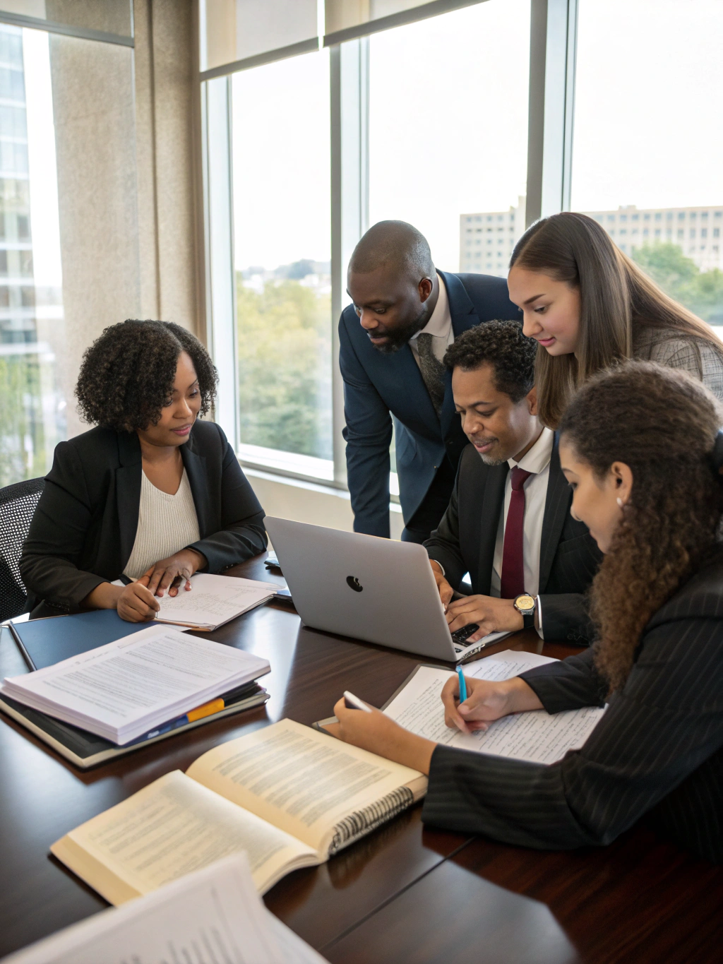 Professional legal team reviewing digital performance metrics on a tablet