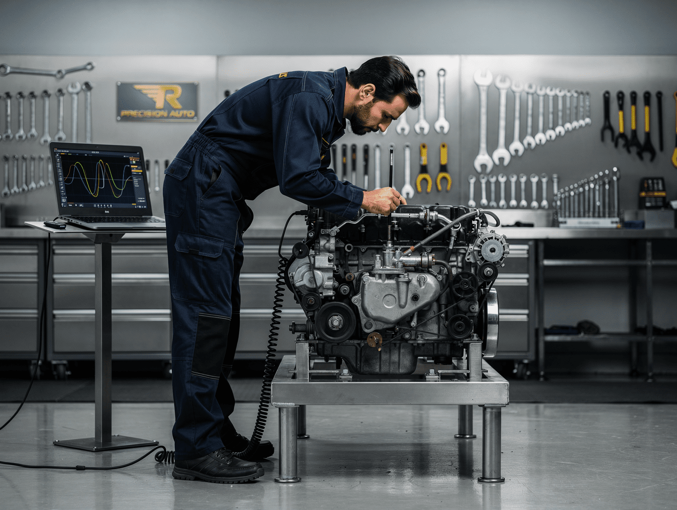 Professional mechanic inspecting a vehicle in an auto repair shop