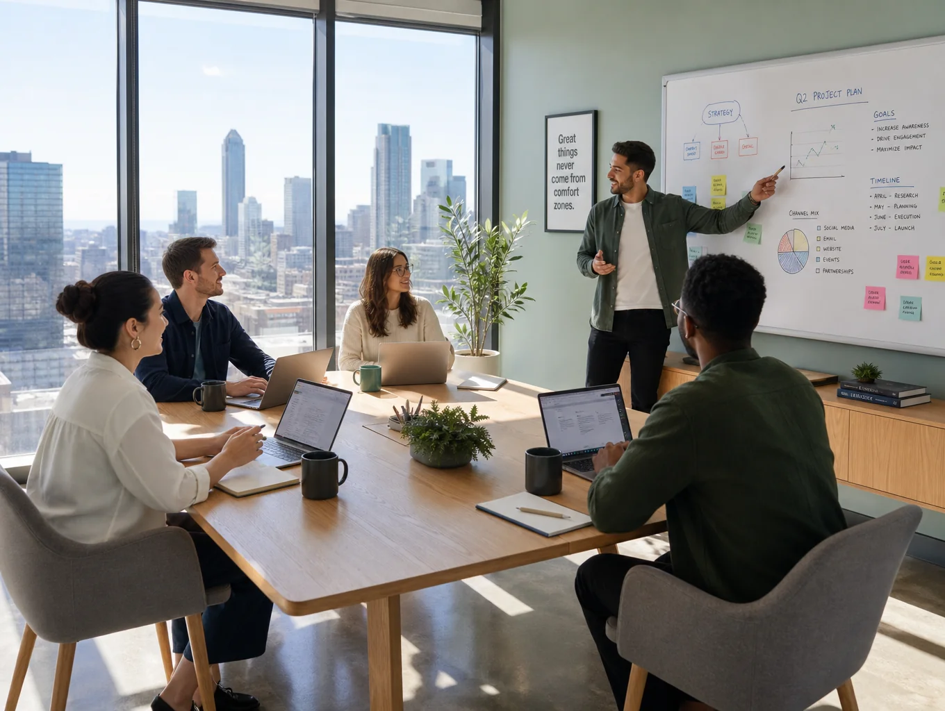 Modern office setting with a team collaborating on a digital project