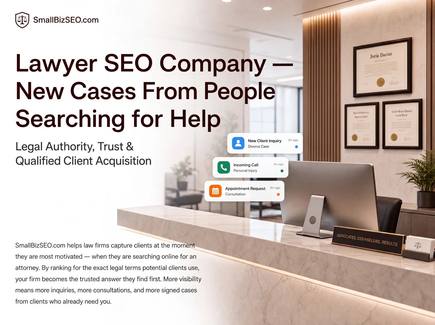Photorealistic law firm marketing dashboard on a laptop