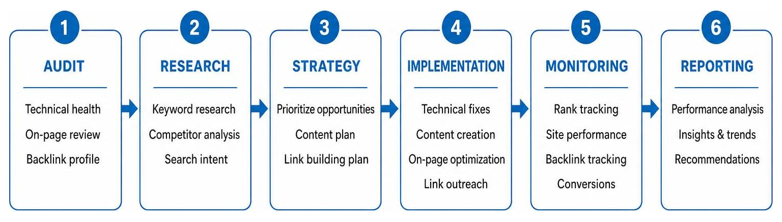 SEO management workflow process from audit to reporting