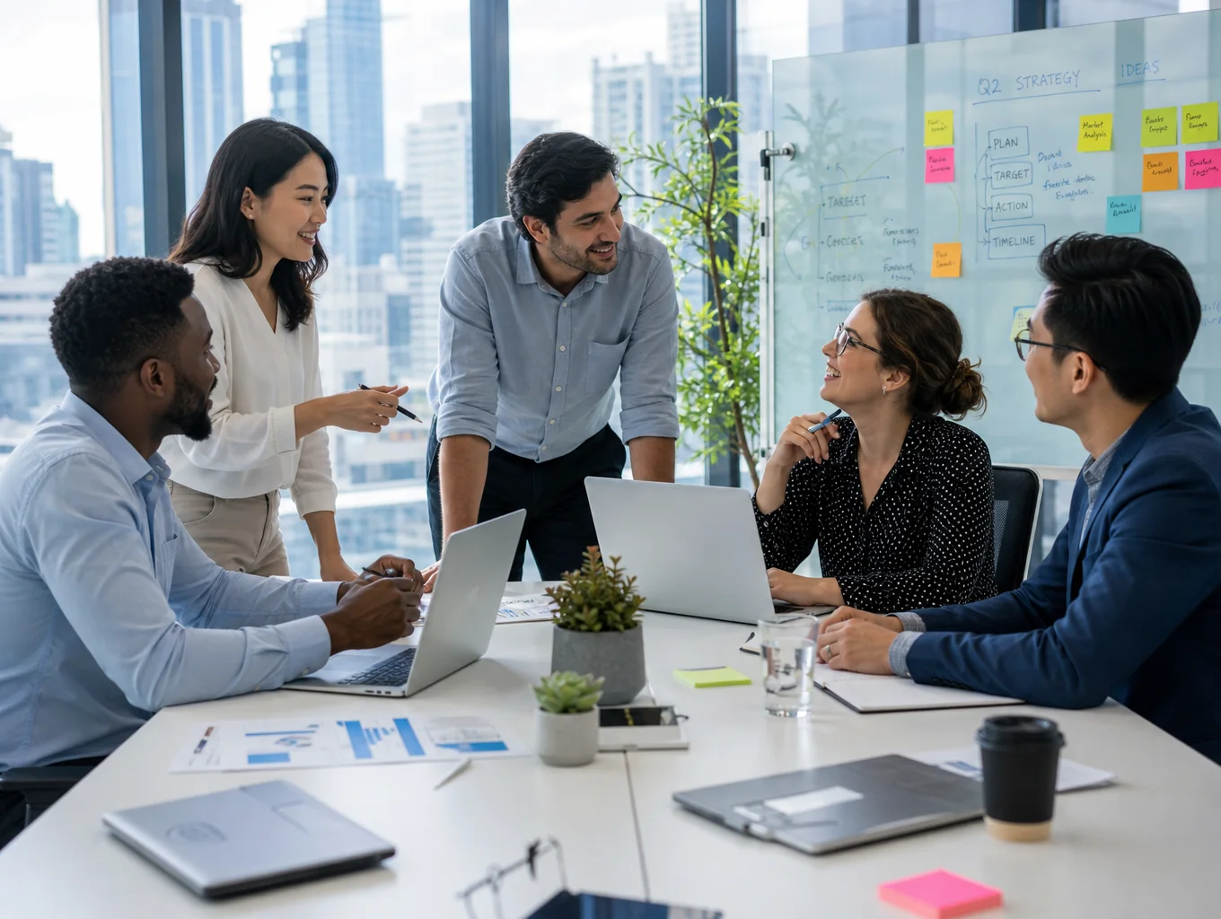 SmallBizSEO SEO experts collaborating in a modern office space