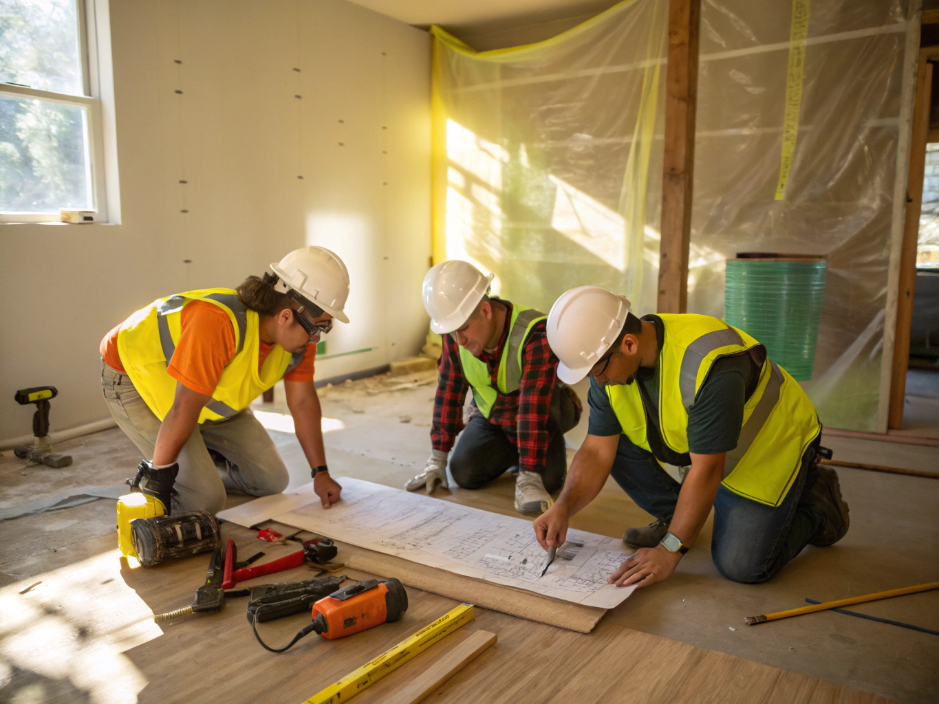 Contractors at active commercial renovation job site