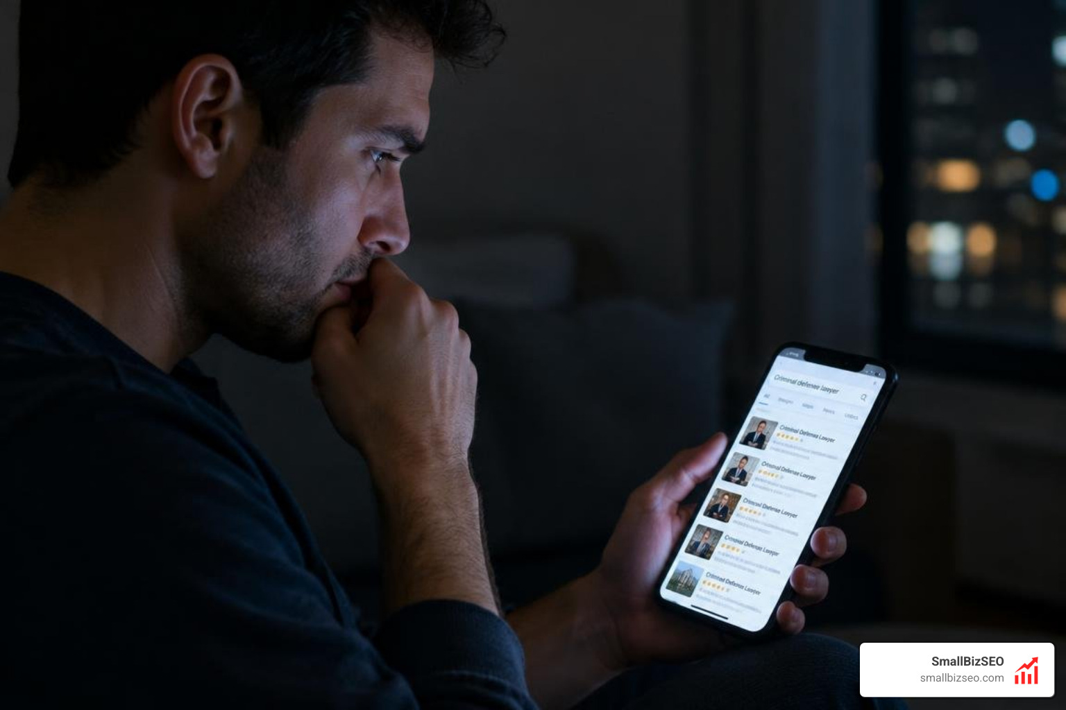 Person searching for a criminal defense lawyer on a phone late at night