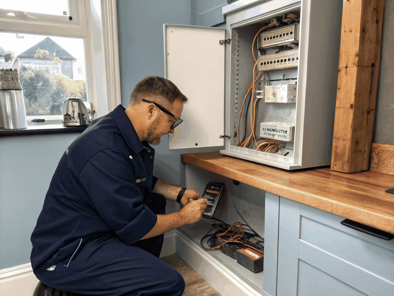 Certified electrician repairing residential breaker box