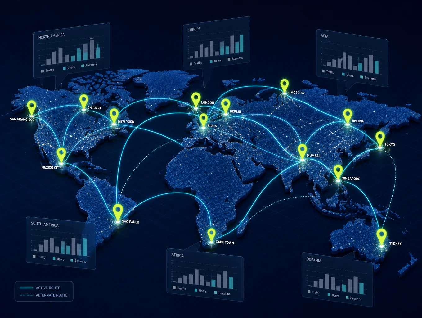 Global strategy optimization dashboard showing regional keyword positioning