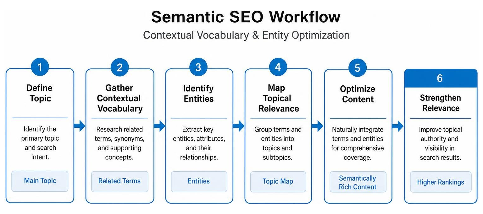 Semantic SEO workflow showing contextual vocabulary and entity optimization