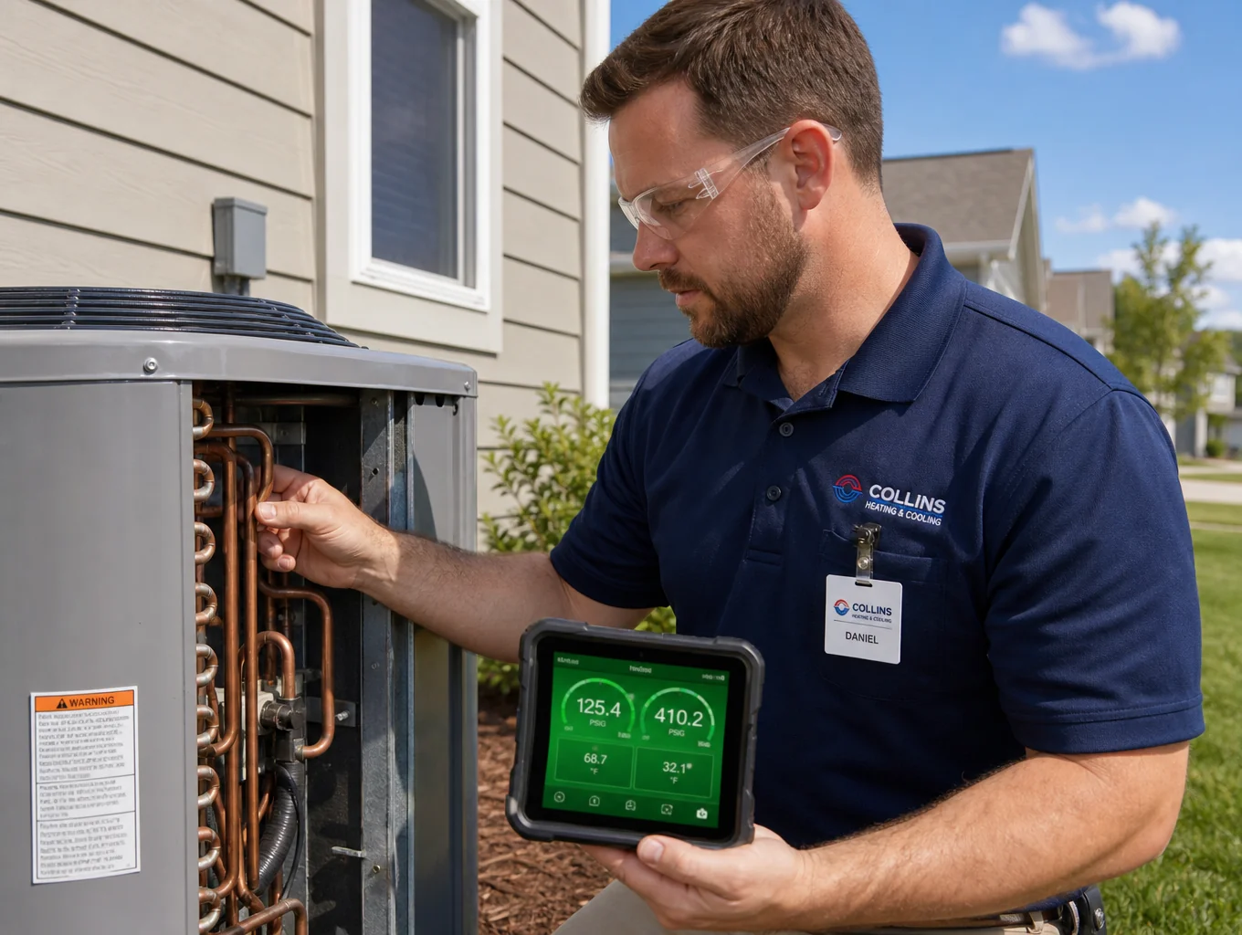 HVAC service technician working on outdoor air conditioning unit with digital analytics overlay