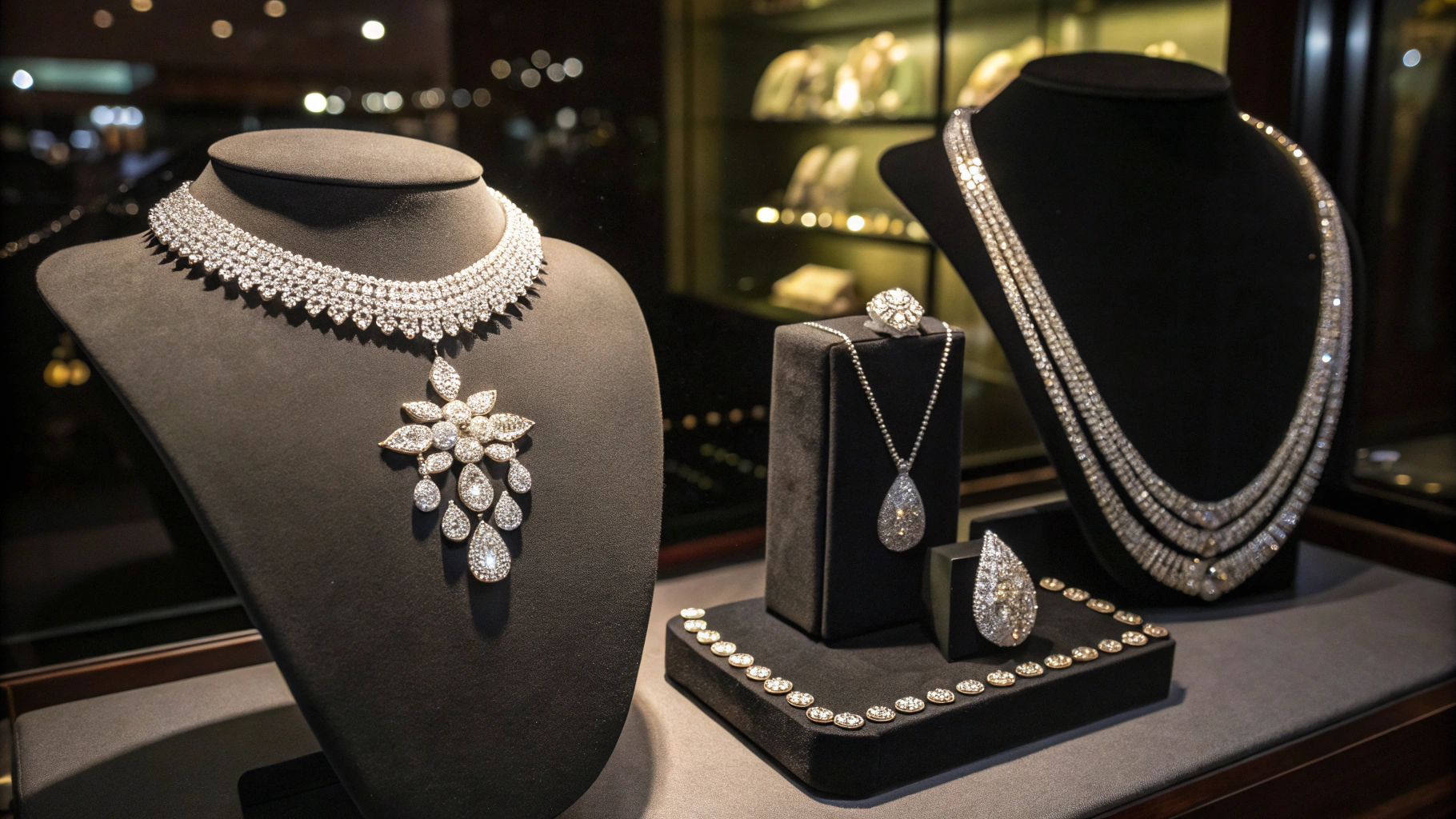 Luxury jewelry collection arranged in display case