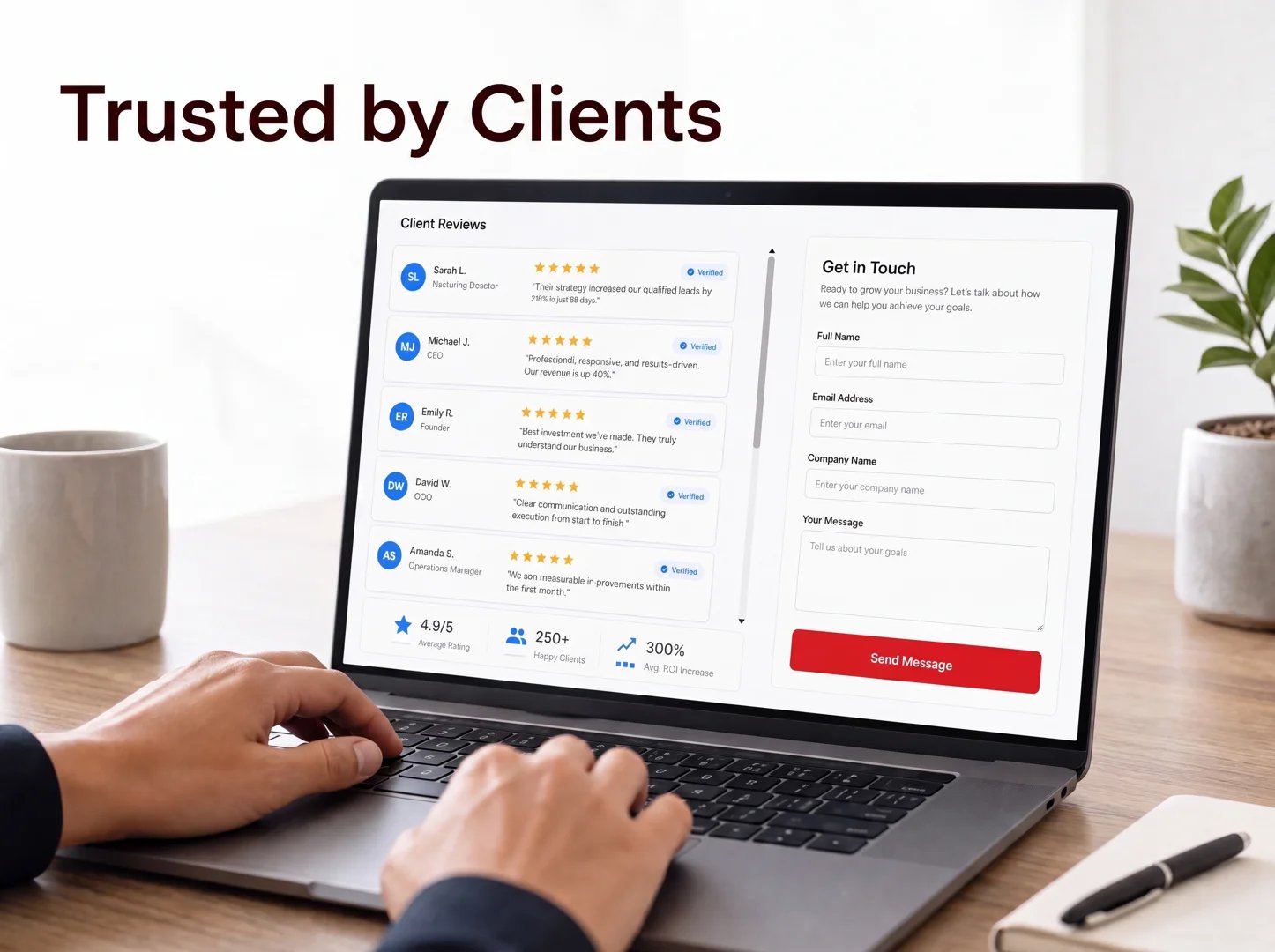 small business owner reviewing website and customer reviews on laptop