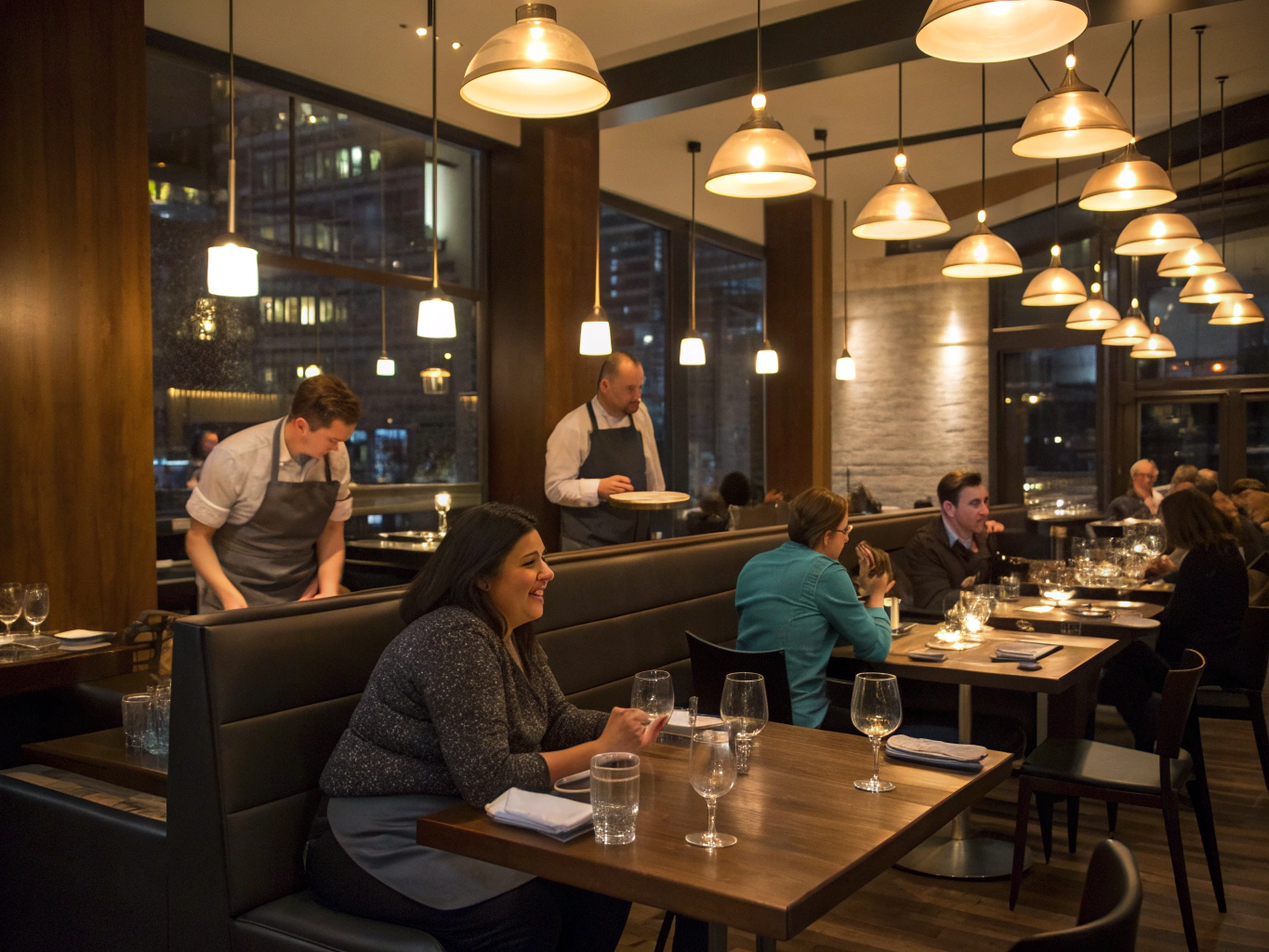 Packed restaurant dining area with guests enjoying meals