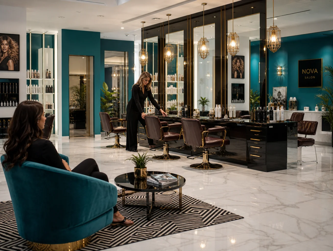 Modern luxury hair salon interior with elegant styling stations