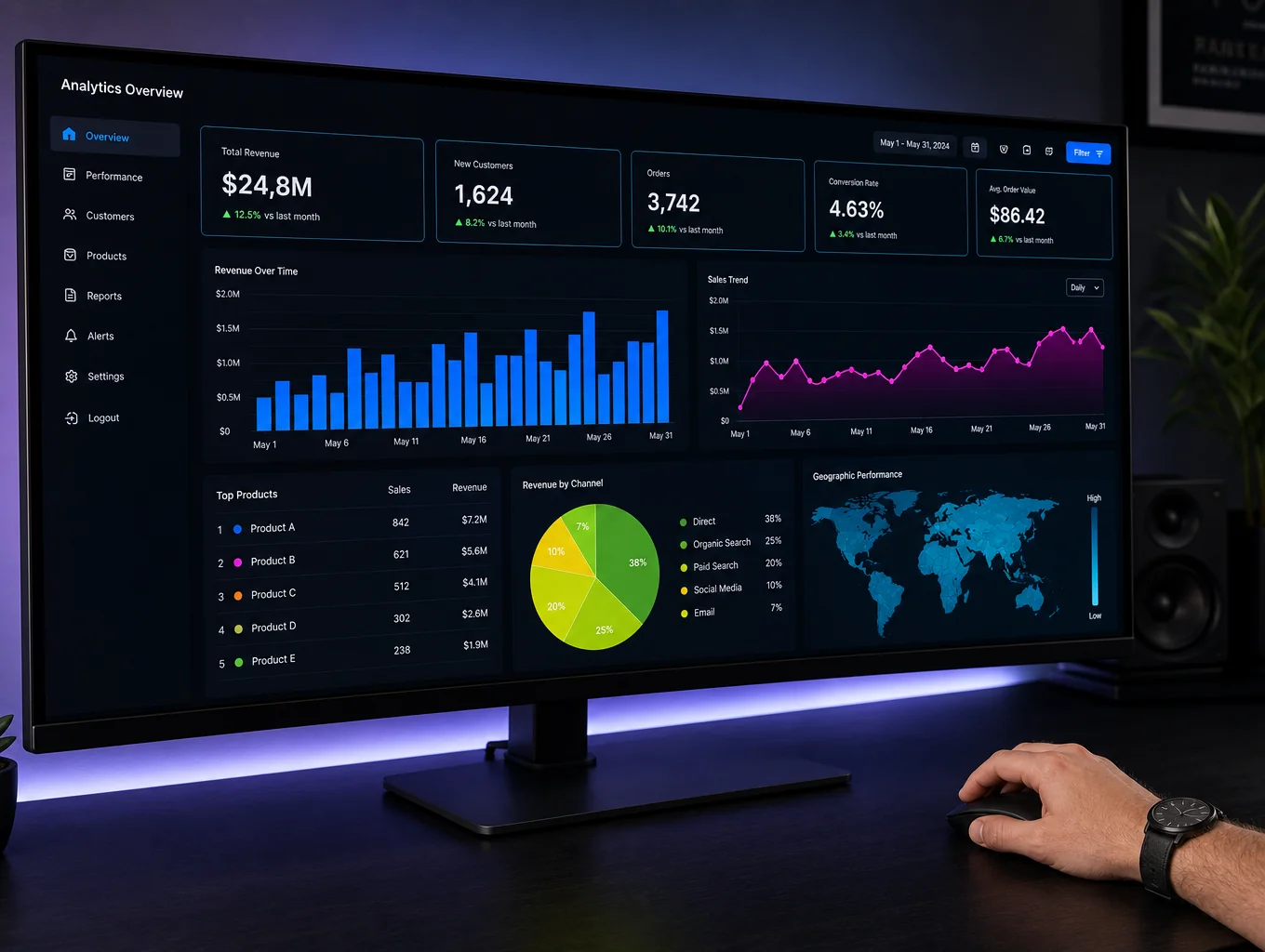 Analytics dashboard showing growth and performance metrics