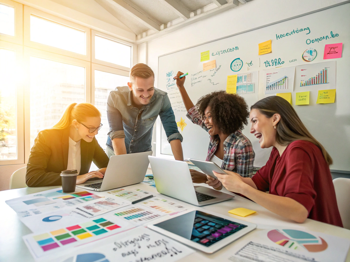 Startup team analyzing digital product visibility and search engine metrics