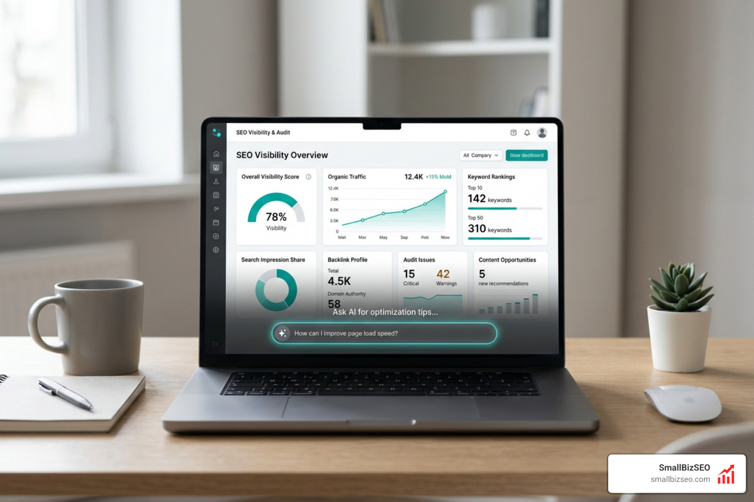 SEO visibility audit signals dashboard with AI search interface