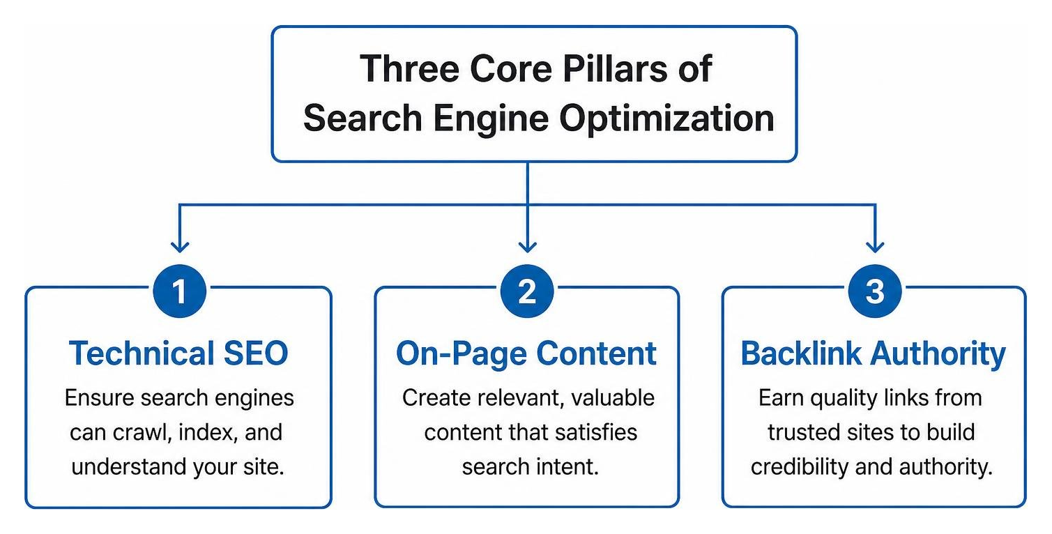 Three core pillars of search engine optimization: technical SEO, on-page content, and backlink authority