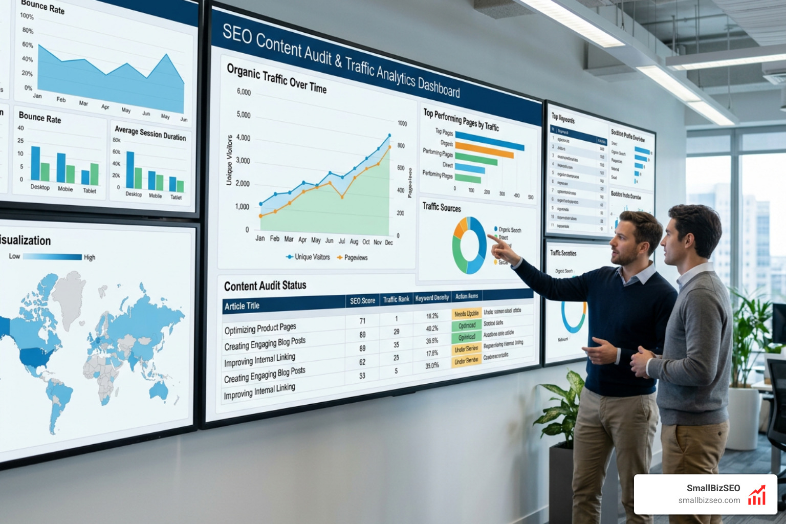 SEO content audit dashboard with traffic analytics