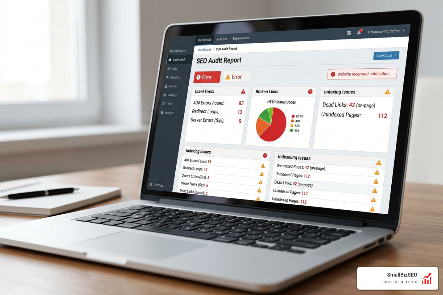 SEO audit errors on a broken website dashboard