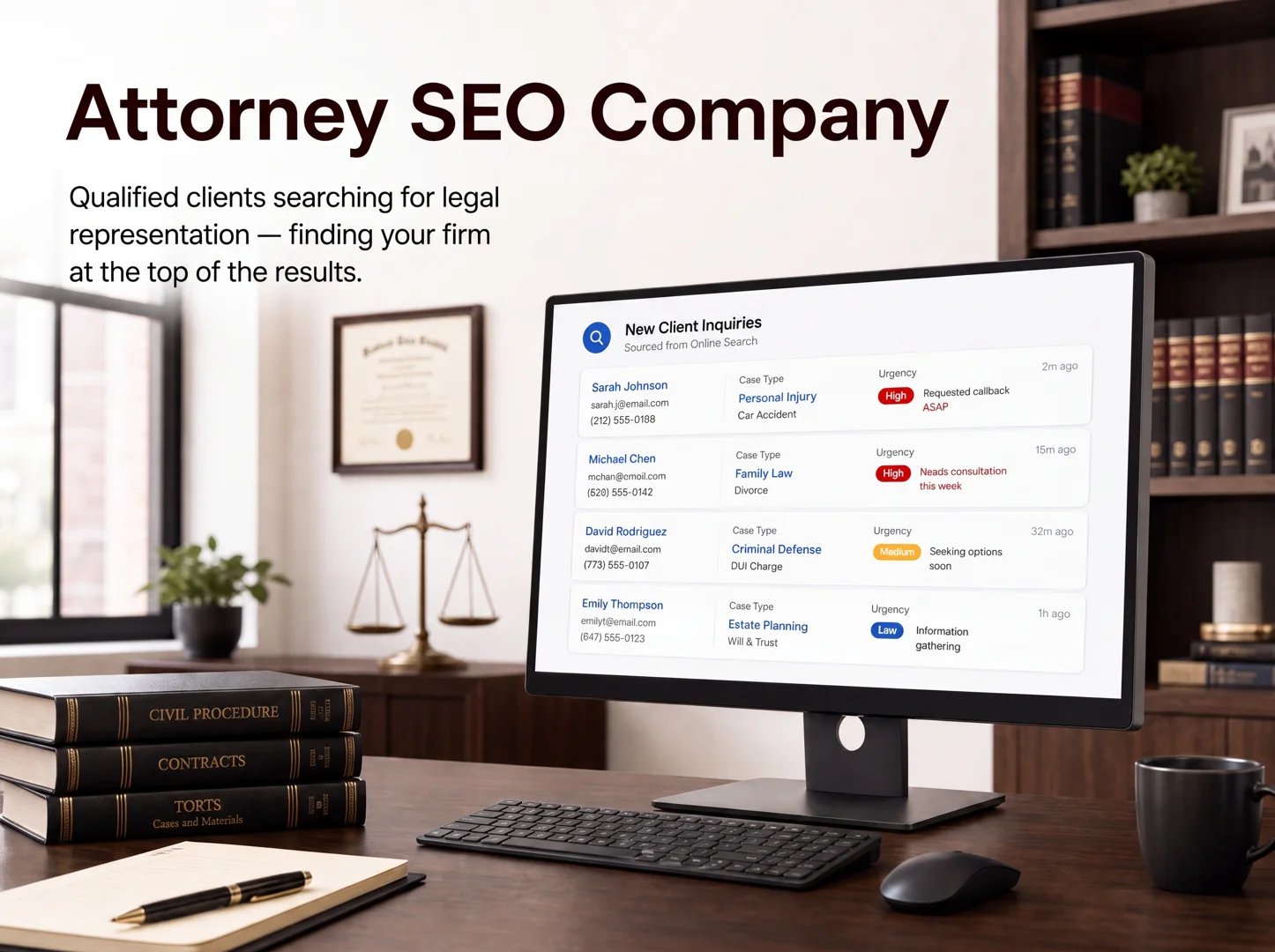 Photorealistic law office with a legal SEO dashboard on a laptop