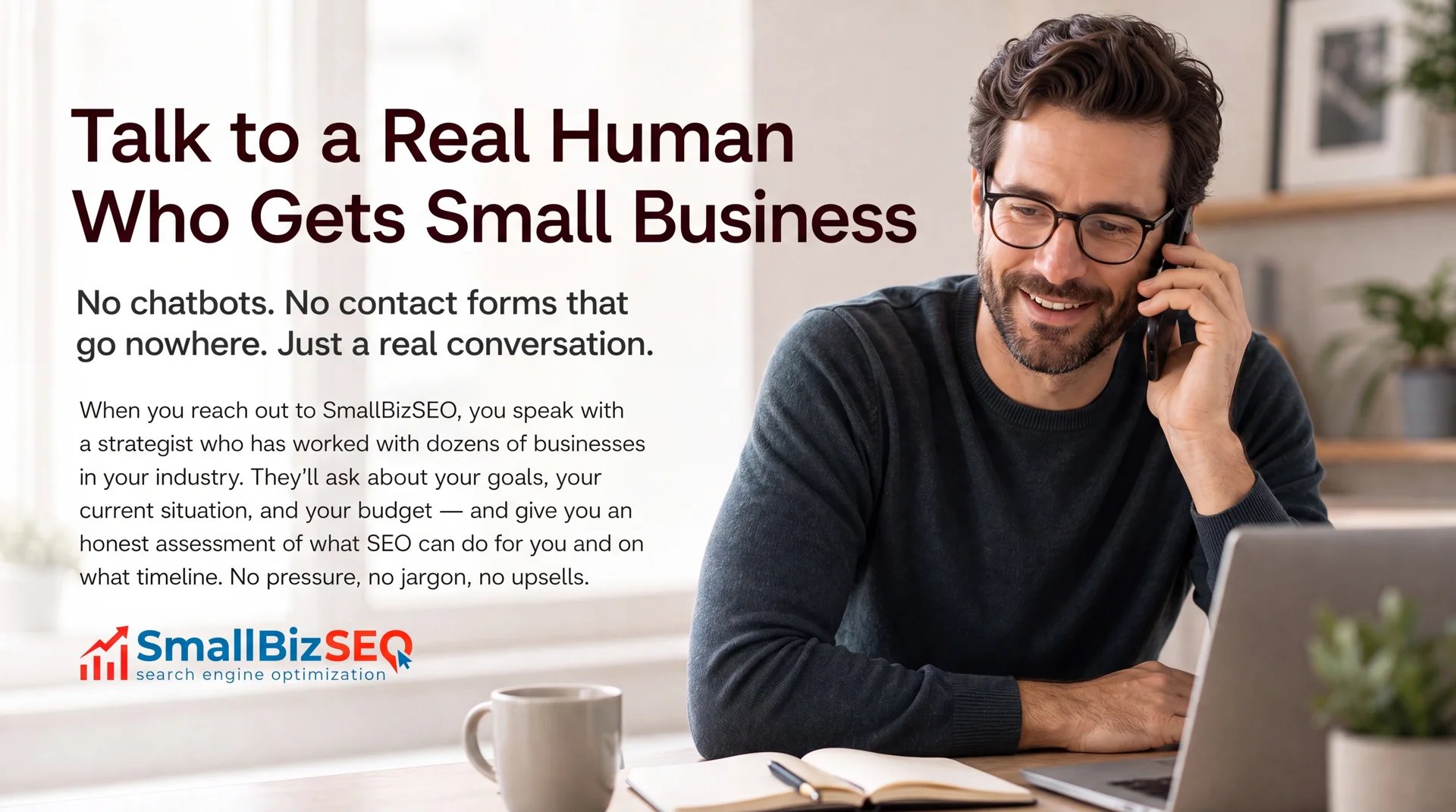 photorealistic small business owner reviewing SEO analytics on a laptop