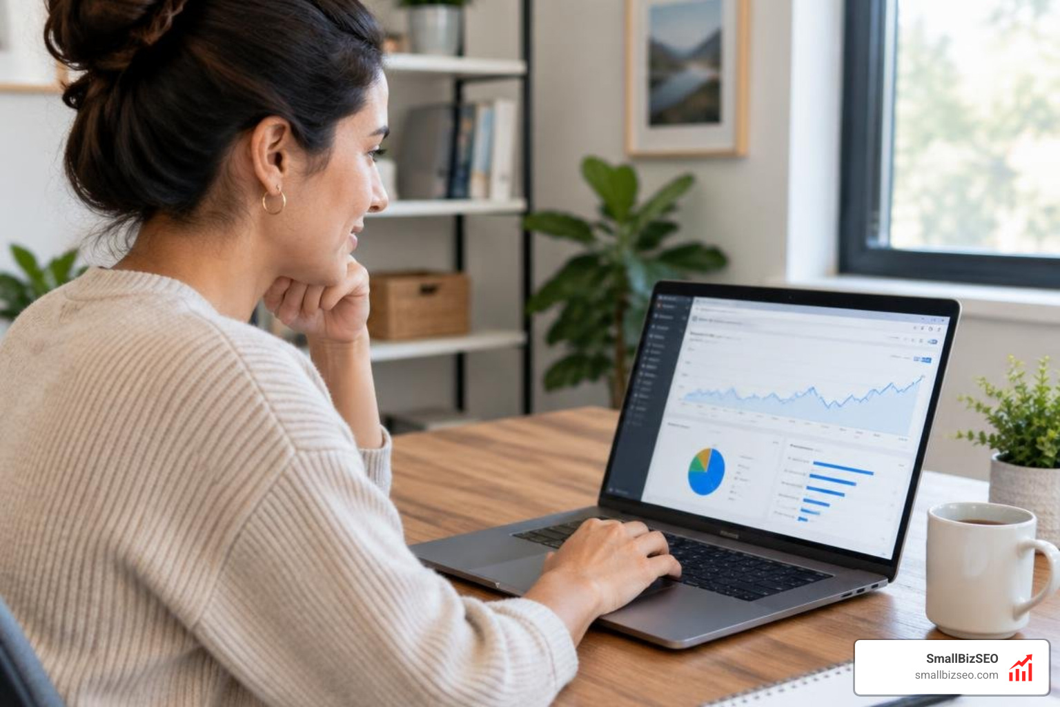 business owner reviewing search traffic on a laptop