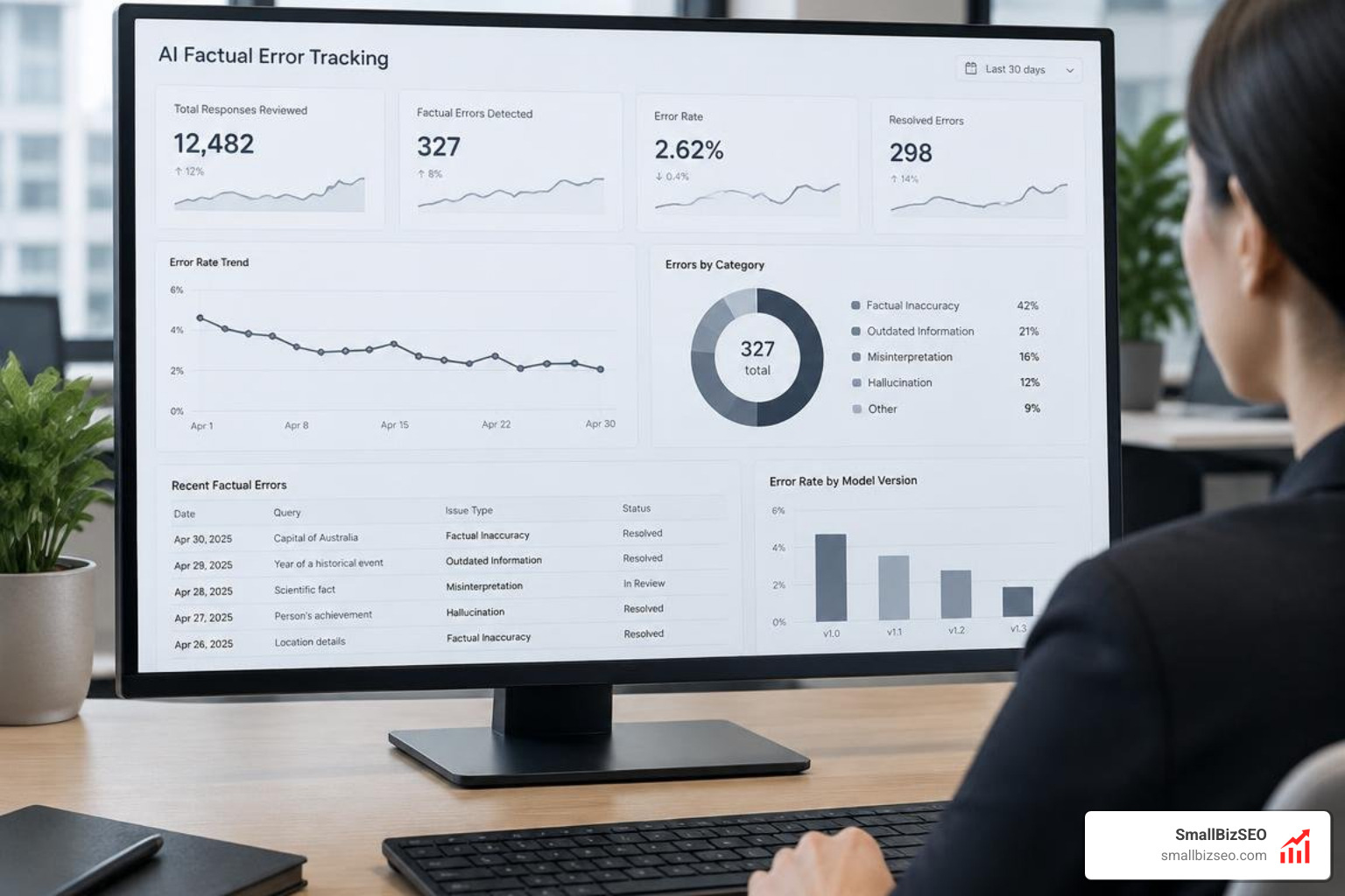 Photorealistic analytics dashboard tracking AI factual errors